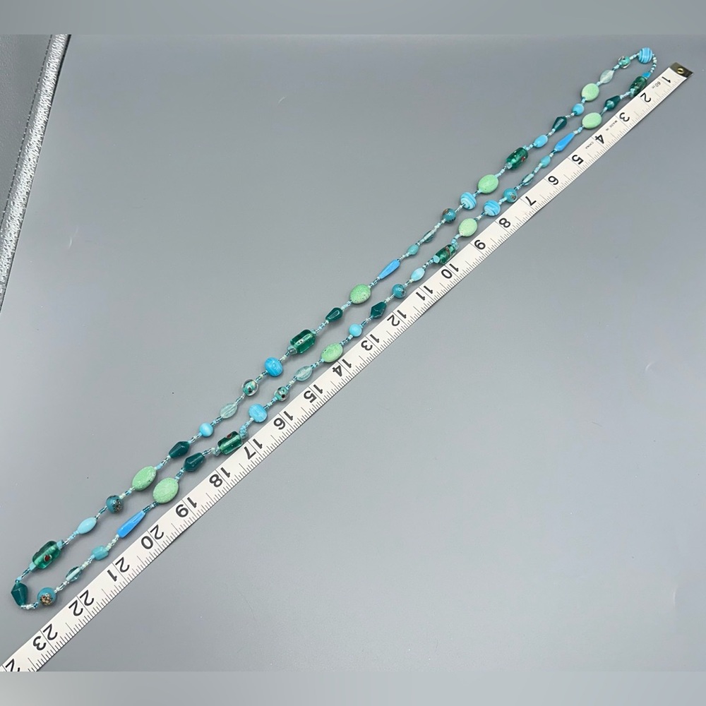 VTG Teal Green Blue Art Glass Beaded Necklace 46" Art to Wear Boho - Picture 4 of 4